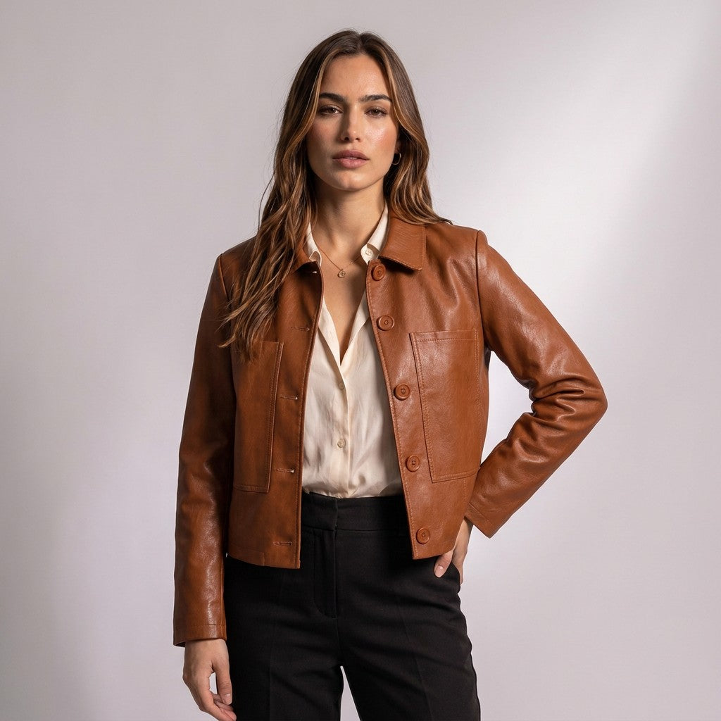 Femme portant la veste Léontine cognac ouverte sur un chemisier ivoire