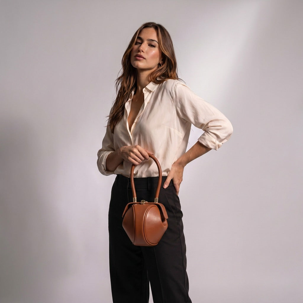 Femme tenant le sac boule Faustine cognac par son anse, main sur la taille