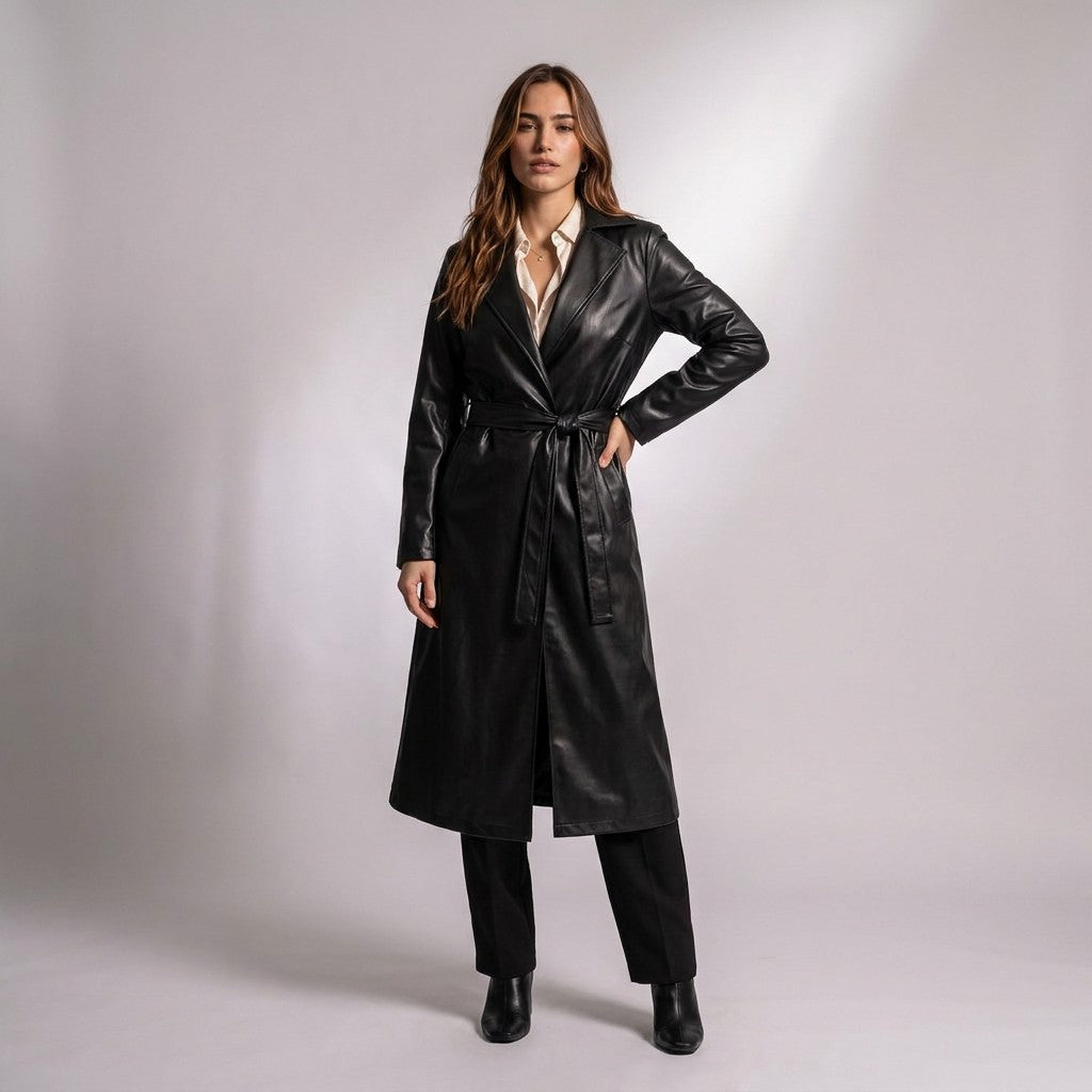 Femme portant le trench en cuir noir Cassandre ceinturé, main sur la taille