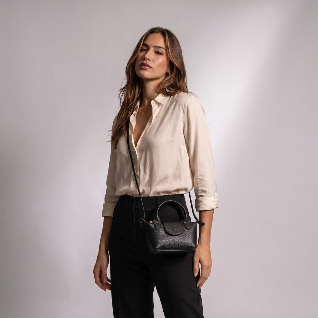 Femme portant le petit sac Noémie noir en bandoulière avec son cordon fin