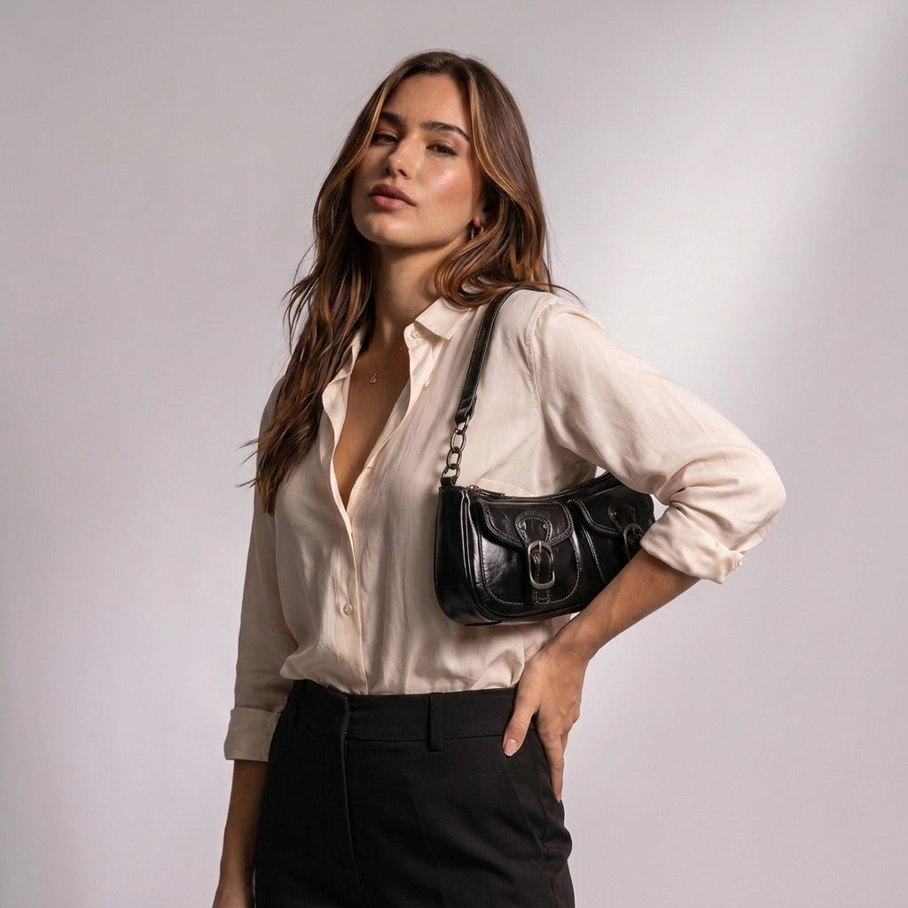 Femme portant le sac Garance noir sous le bras, main sur la taille