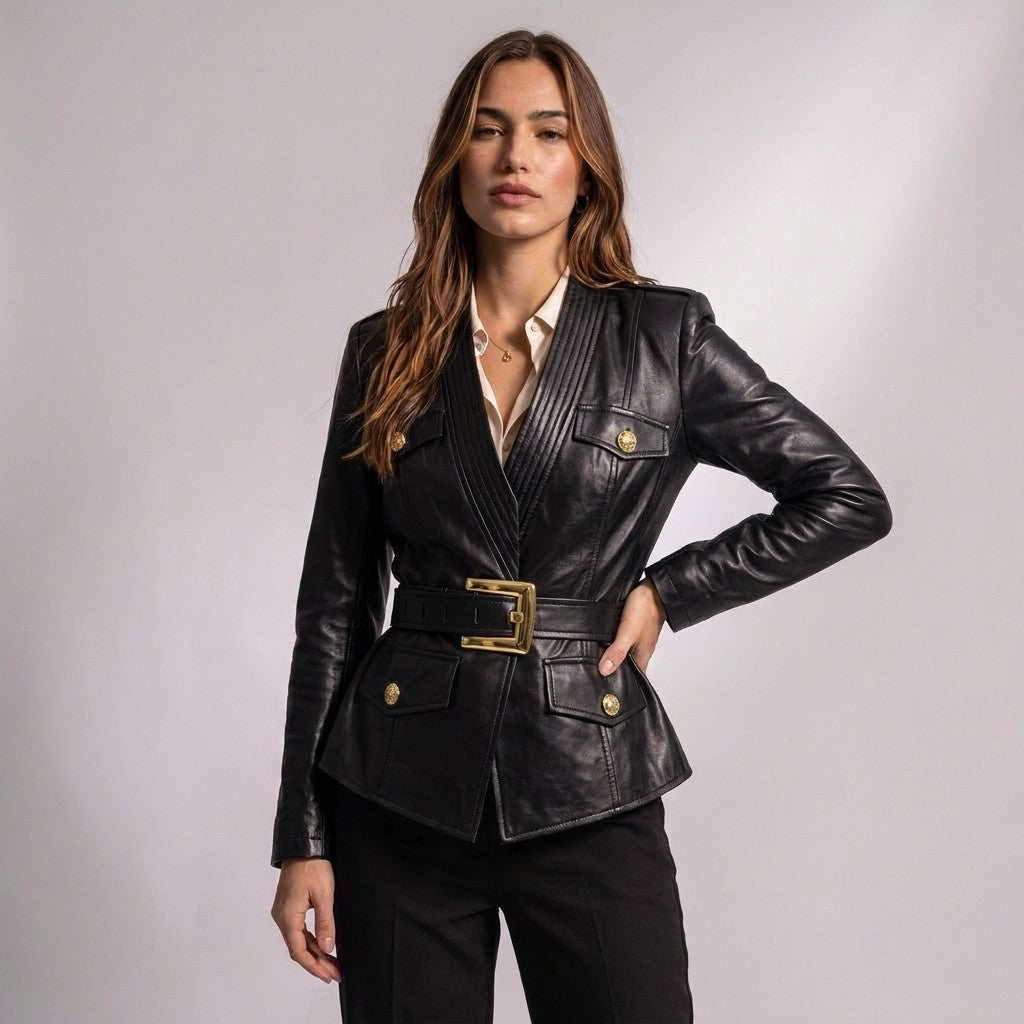 Femme portant la veste cintrée Adèle noire ceinturée, main sur la taille