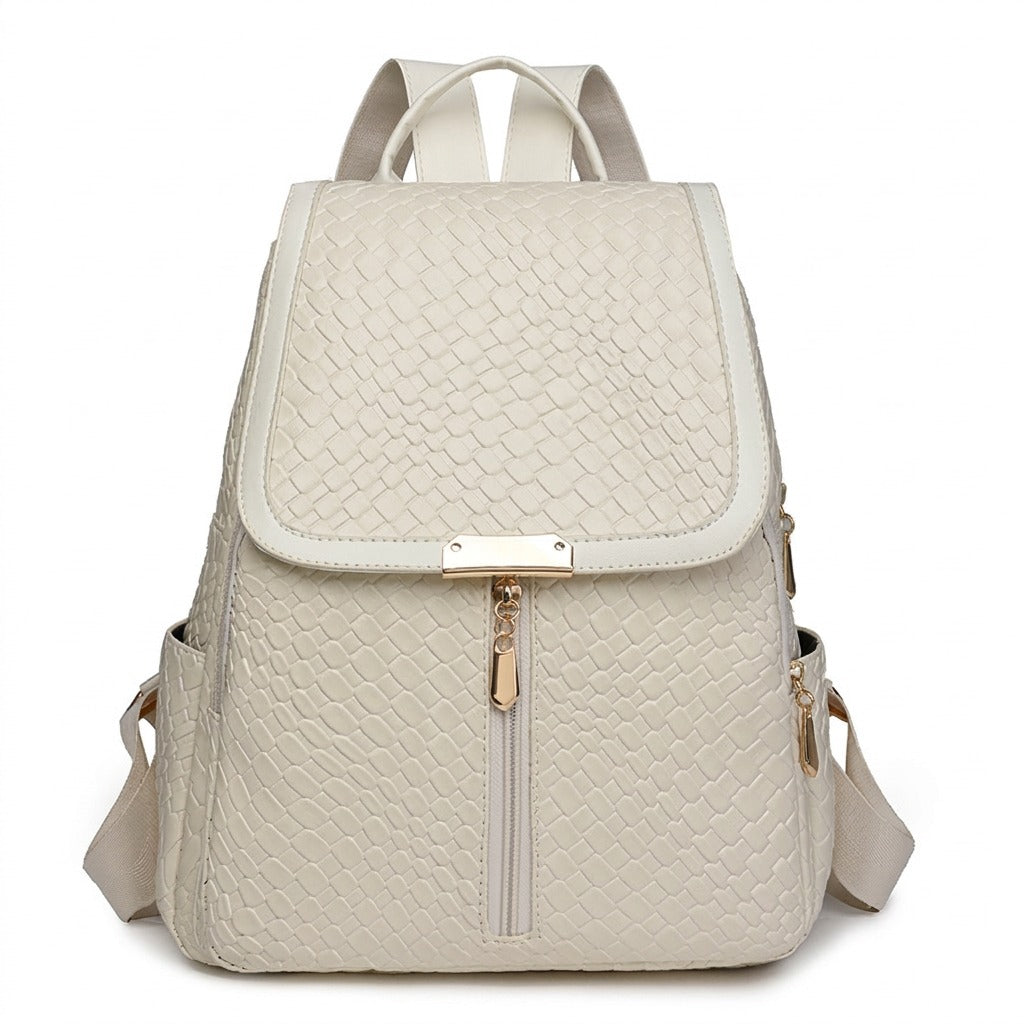Sac à dos en cuir tressé blanc cassé Eulalie, vue de face sur fond blanc
