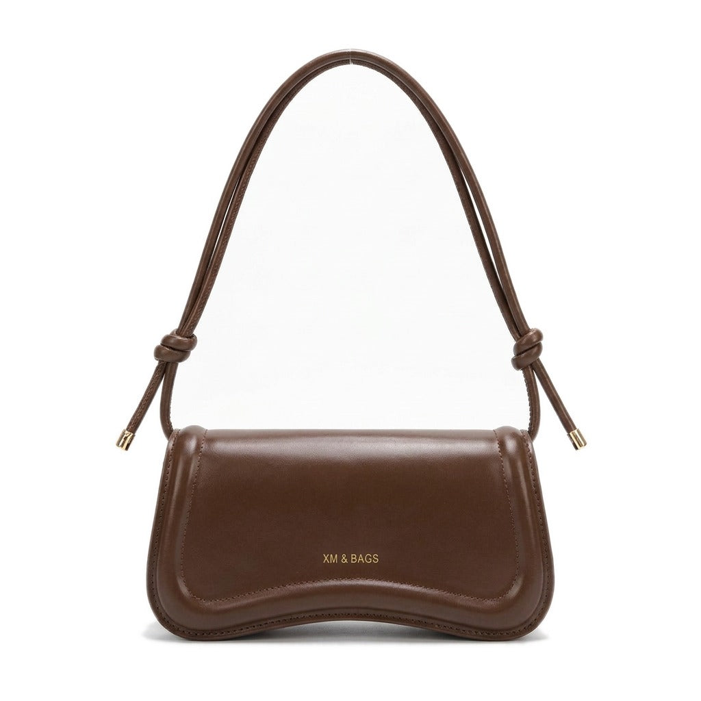 Sac baguette à nœuds en cuir chocolat Domitille, vue de face sur fond blanc
