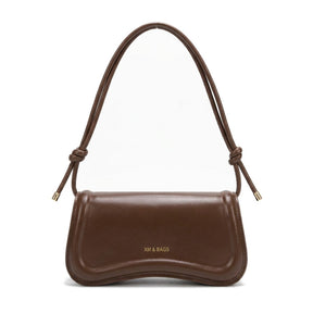 Sac baguette à nœuds en cuir chocolat Domitille, vue de face sur fond blanc