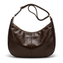 Sac hobo en cuir chocolat Colombe, vue de face sur fond blanc