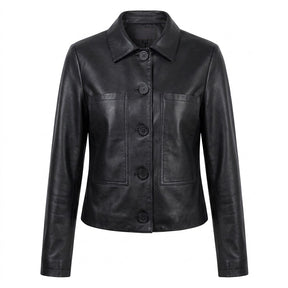 Veste courte en cuir noir Léontine à col chemise, vue de face sur fond blanc