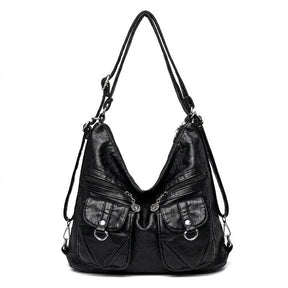 Sac à dos transformable en cuir noir Nine, vue de face sur fond blanc