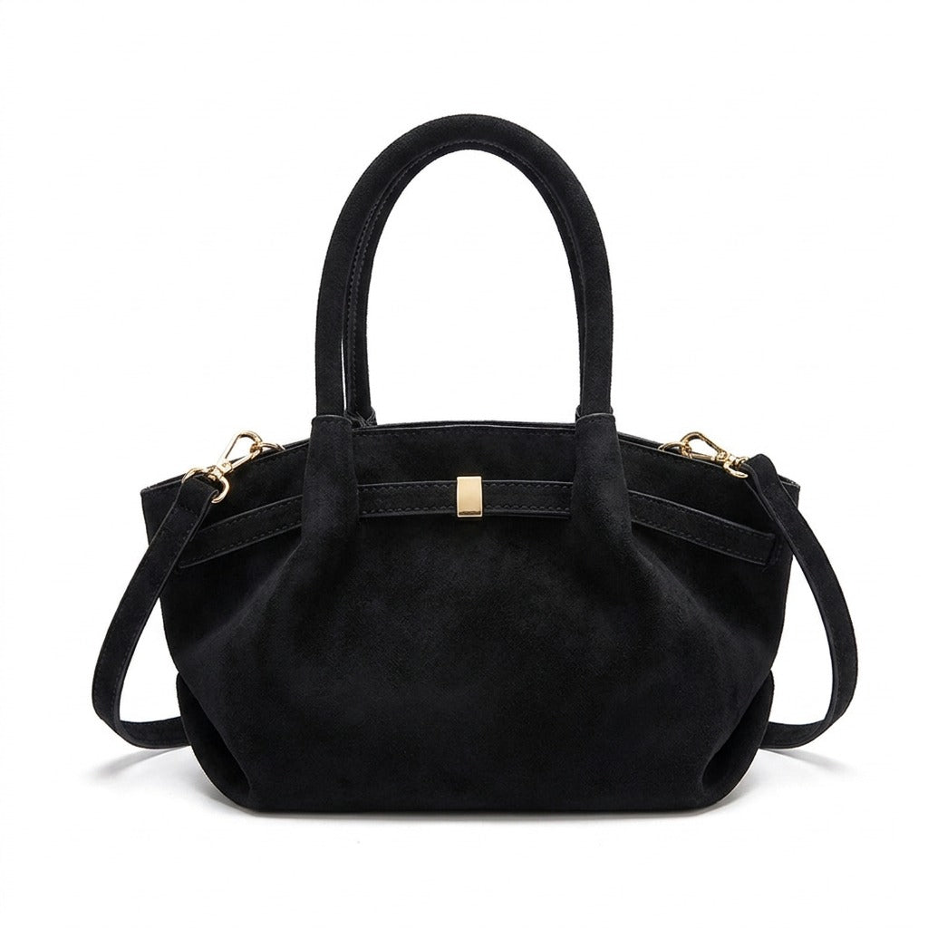 Sac trapèze en cuir noir Flore, vue de face sur fond blanc