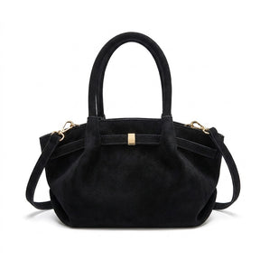Sac trapèze en cuir noir Flore, vue de face sur fond blanc