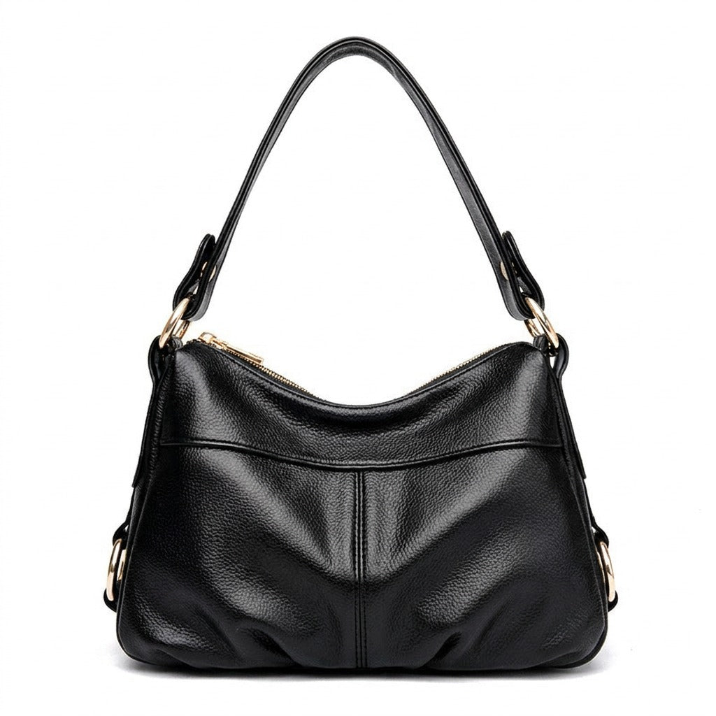 Sac à Main Souple en Cuir pour Femme - Joséphine en noir, vue de face sur fond blanc