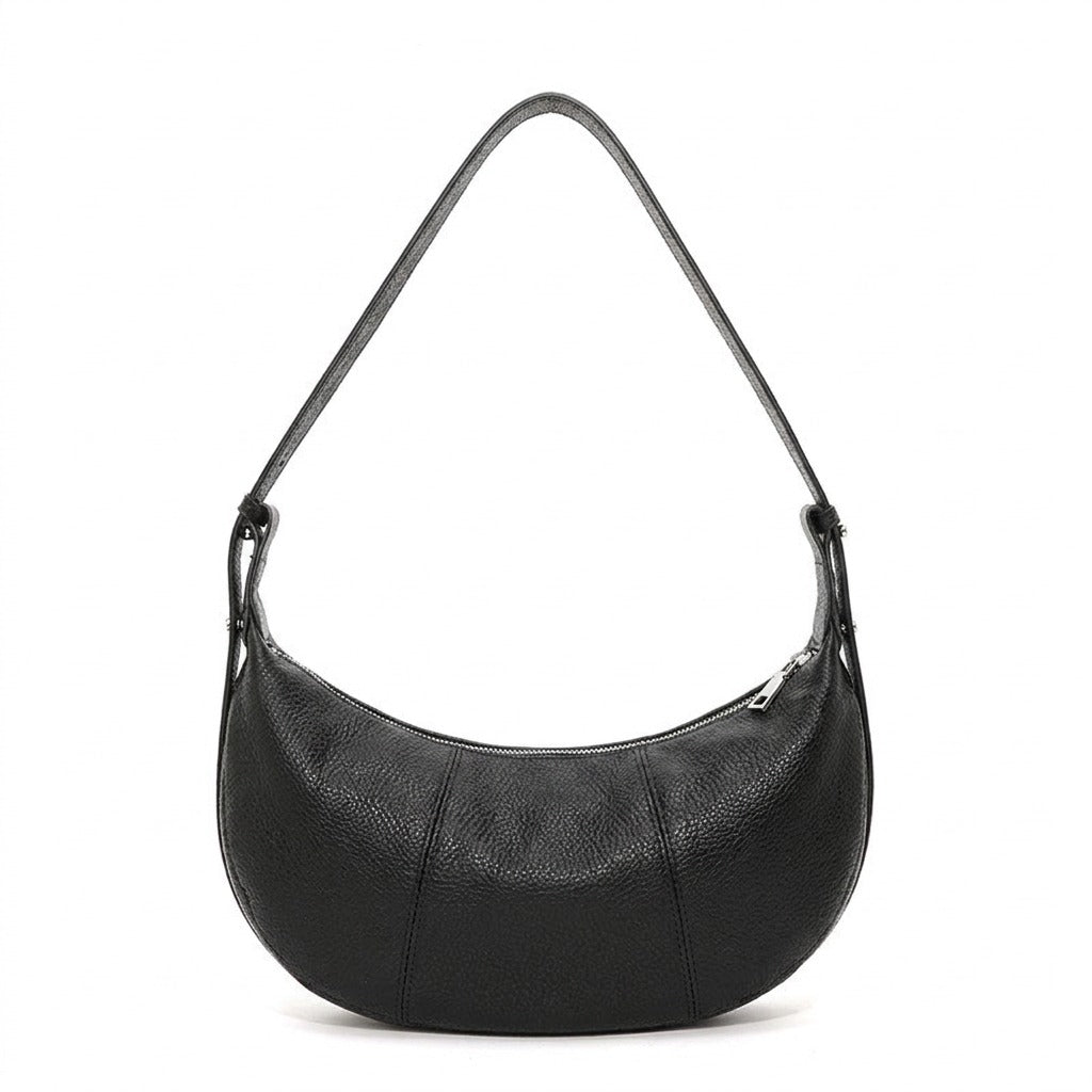 Sac Demi-Lune en Cuir pour Femme - Eugénie en noir, vue de face sur fond blanc