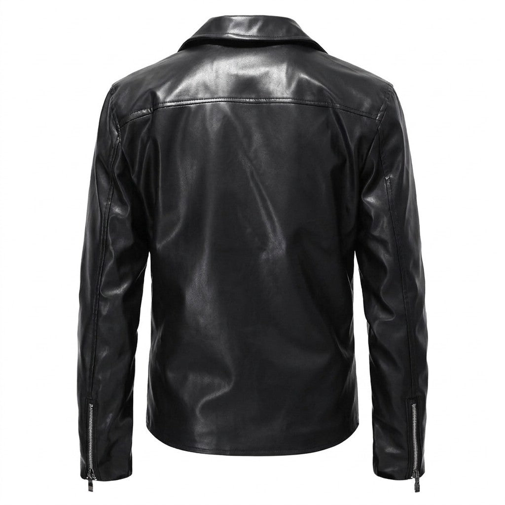 Dos du blouson en cuir noir Firmin avec empiècement et poignets zippés, sur fond blanc