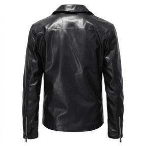 Dos du blouson en cuir noir Firmin avec empiècement et poignets zippés, sur fond blanc