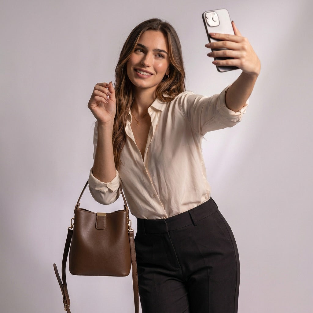 Femme prenant un selfie avec le sac seau Sidonie chocolat au bras