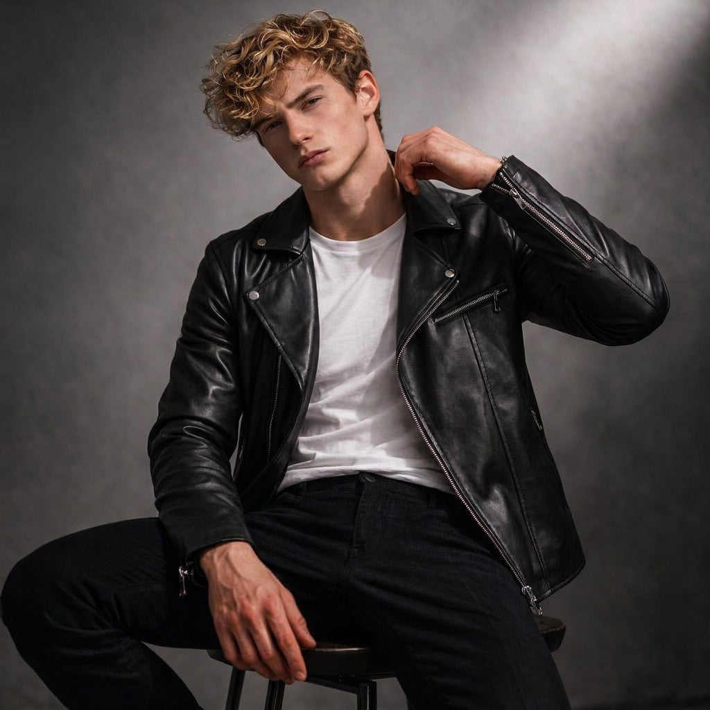 Homme assis sur un tabouret portant le blouson motard Firmin noir