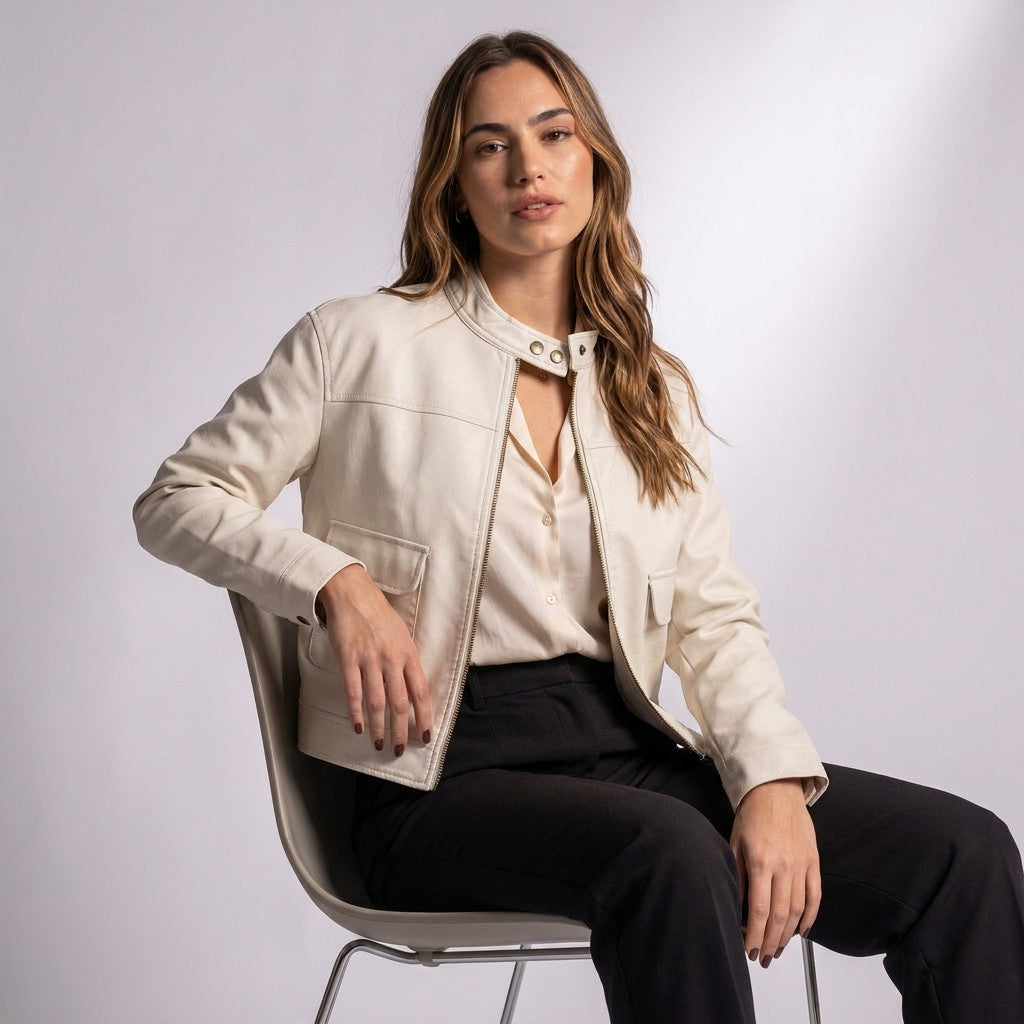 Femme assise portant la veste Pauline ouverte sur un chemisier ivoire