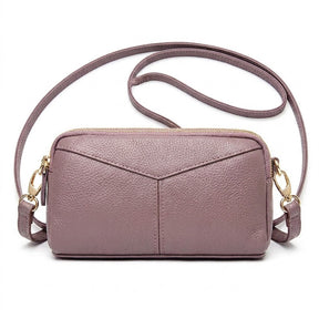 Sac bandoulière en cuir lavande Mathilde, vue de face sur fond blanc