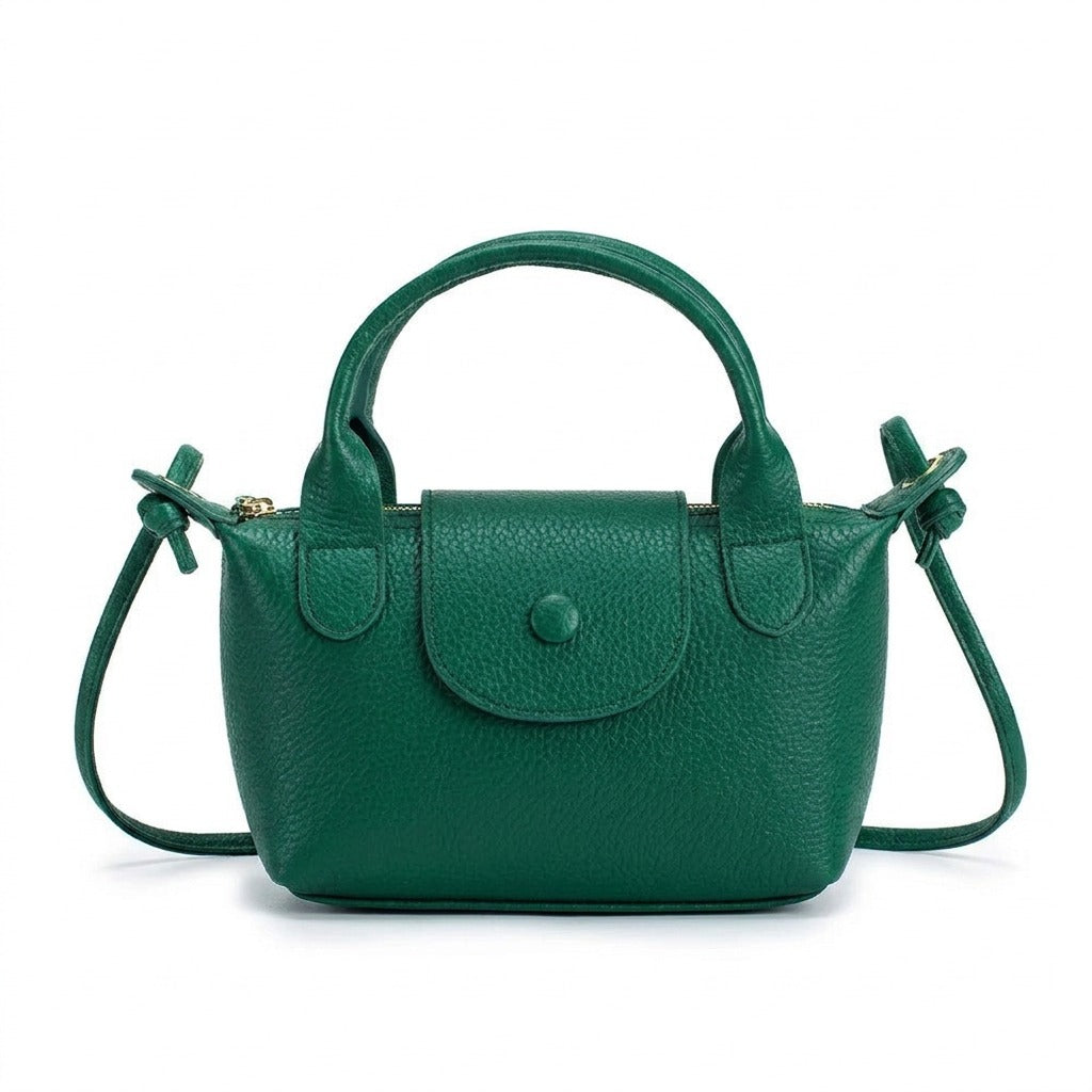 Petit sac à main en cuir vert Noémie, vue de face sur fond blanc