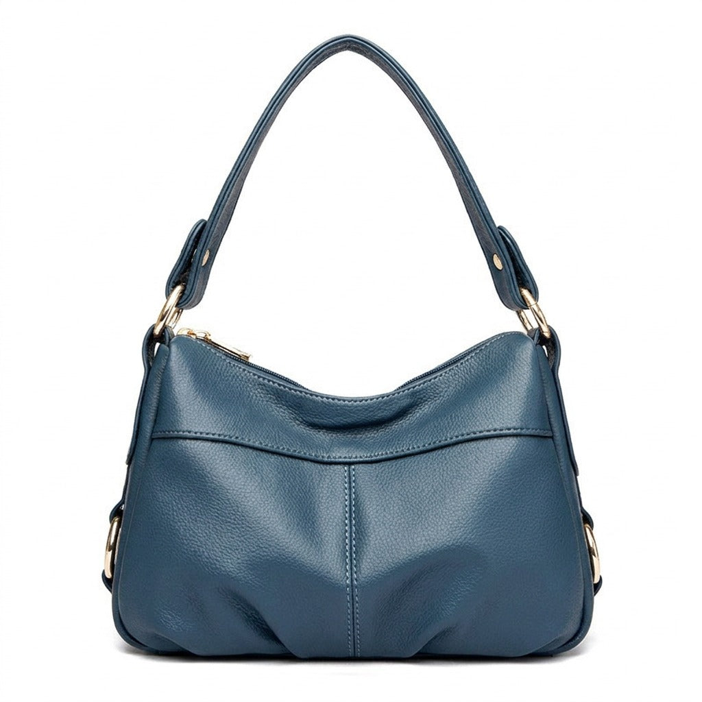 Sac à Main Souple en Cuir pour Femme - Joséphine en bleu, vue de face sur fond blanc
