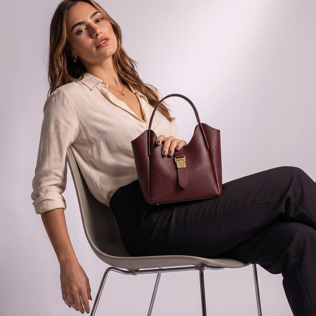 Femme assise avec le sac seau en cuir Ondine bordeaux posé sur les genoux