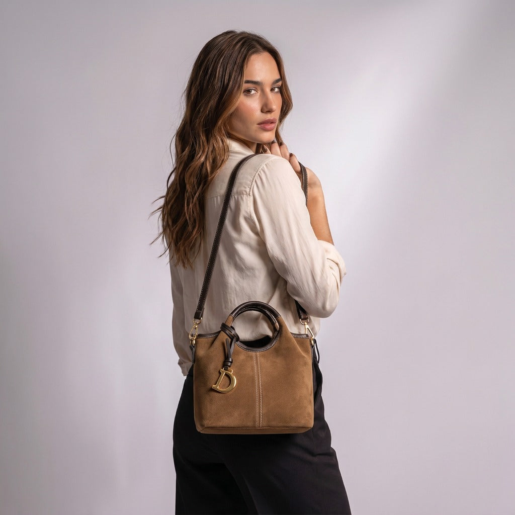 Sac cabas Viviane camel porté à l'épaule, vue de dos