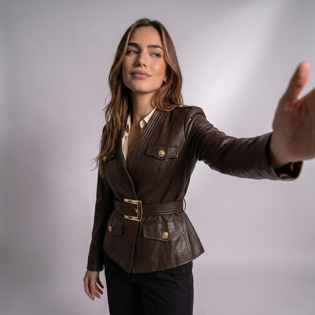 Femme tendant le bras, vêtue de la veste cintrée Adèle chocolat