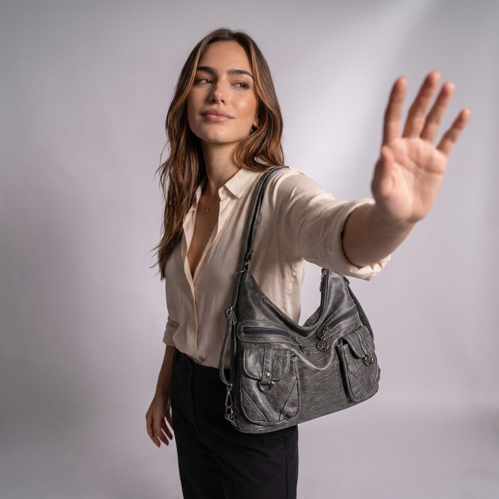 Femme saluant de la main, le sac Nine gris porté à l'épaule