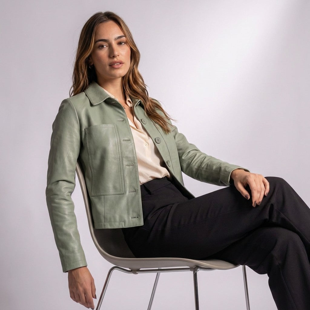 Femme assise portant la veste Léontine vert sauge