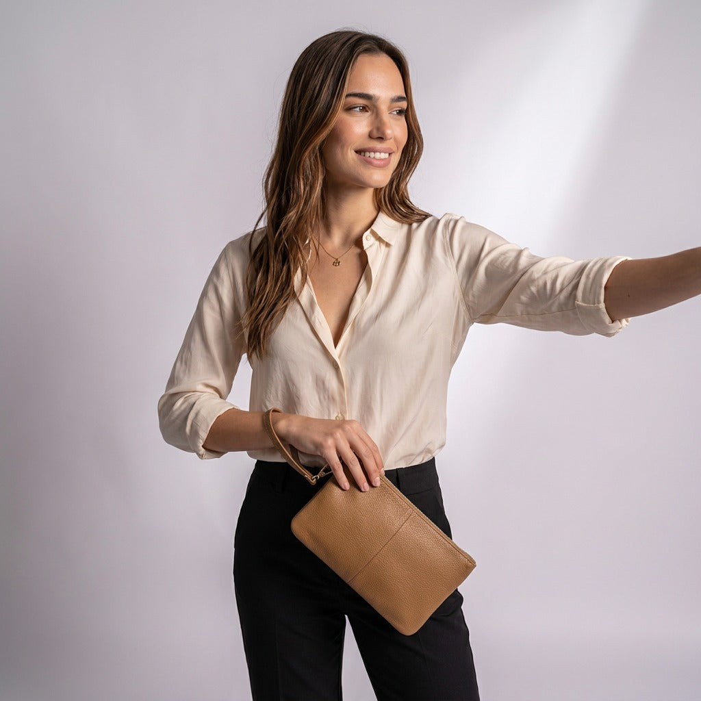 Femme souriante tenant la pochette Suzanne camel à la main