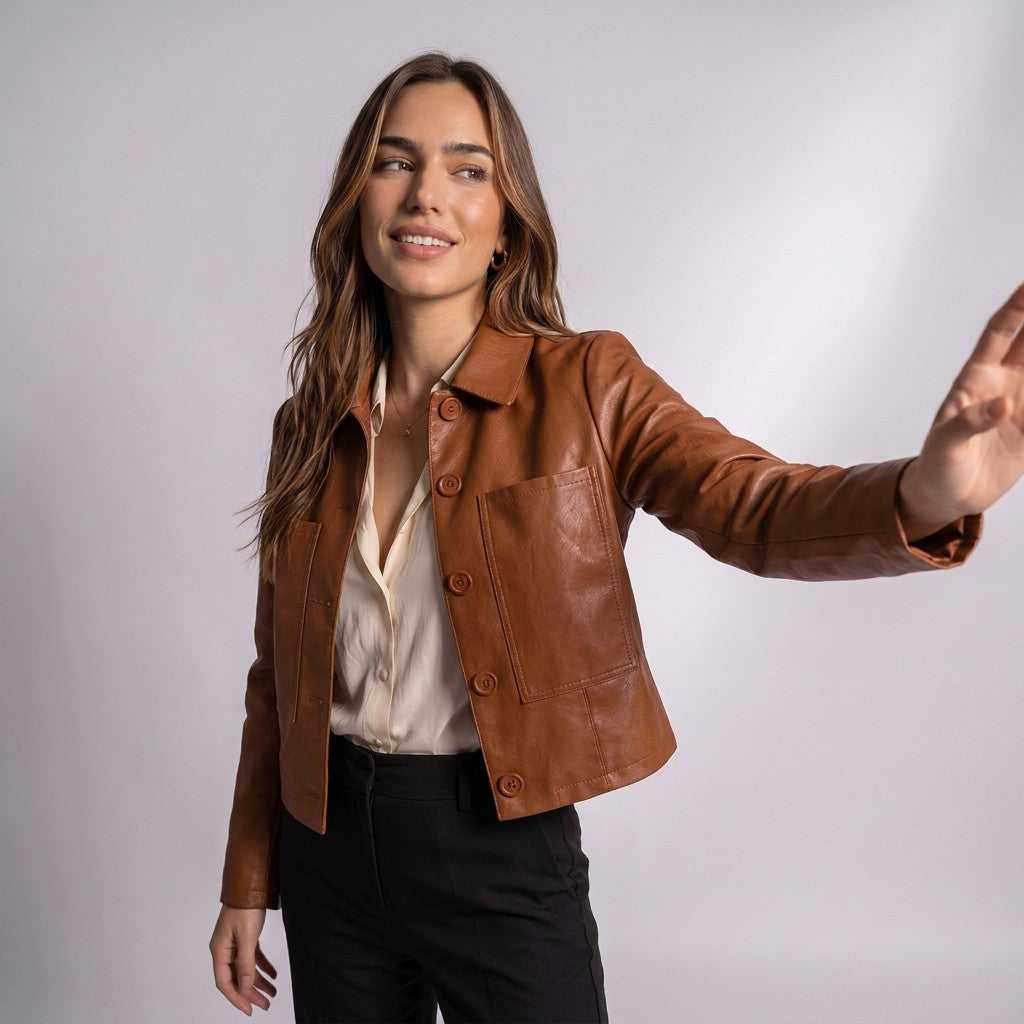 Femme souriante saluant de la main, en veste Léontine cognac