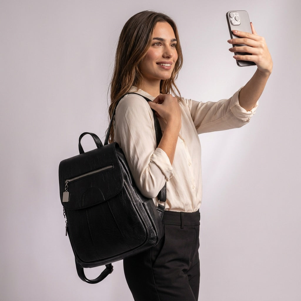Femme prenant un selfie avec le sac à dos Marceline noir sur l'épaule
