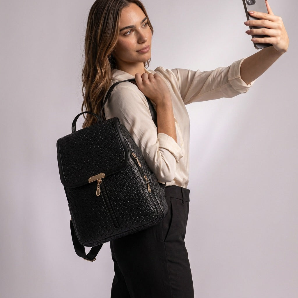 Femme prenant un selfie avec le sac à dos Eulalie noir à l'épaule