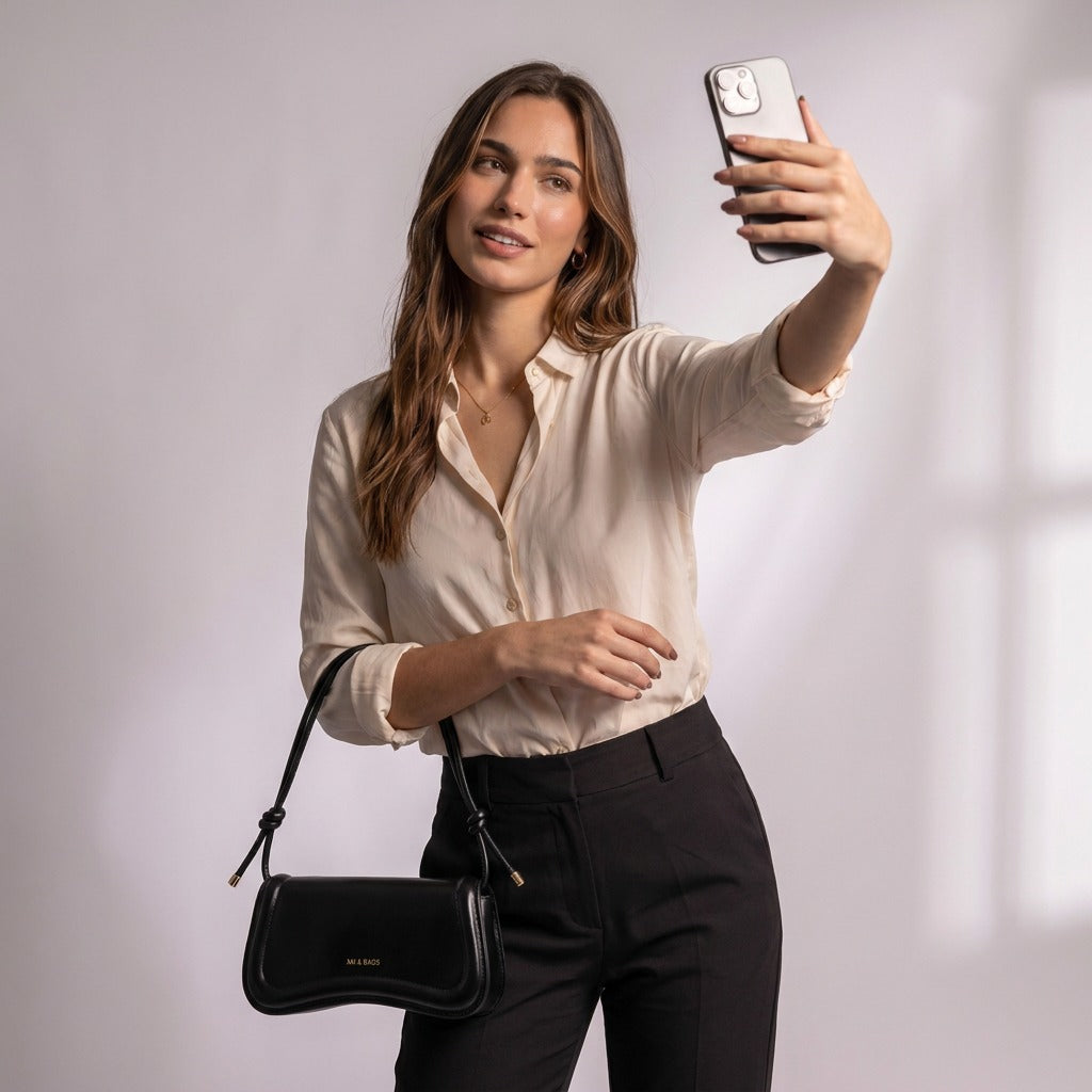 Femme prenant un selfie avec le sac baguette Domitille noir à l'épaule