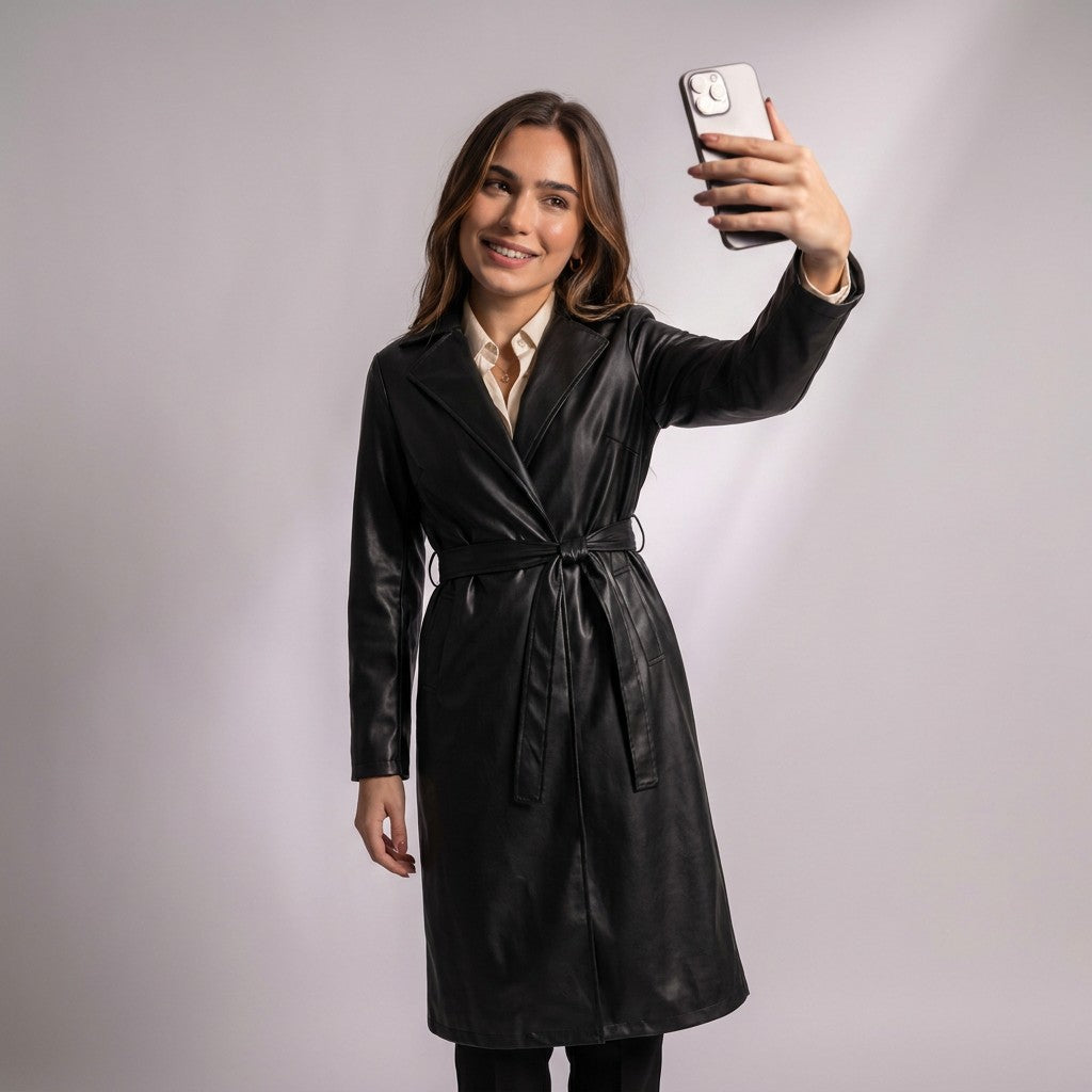 Femme prenant un selfie dans le trench en cuir noir Cassandre