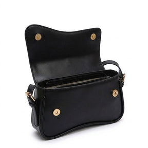 Sac baguette Romy noir ouvert montrant les boutons aimantés et le compartiment zippé