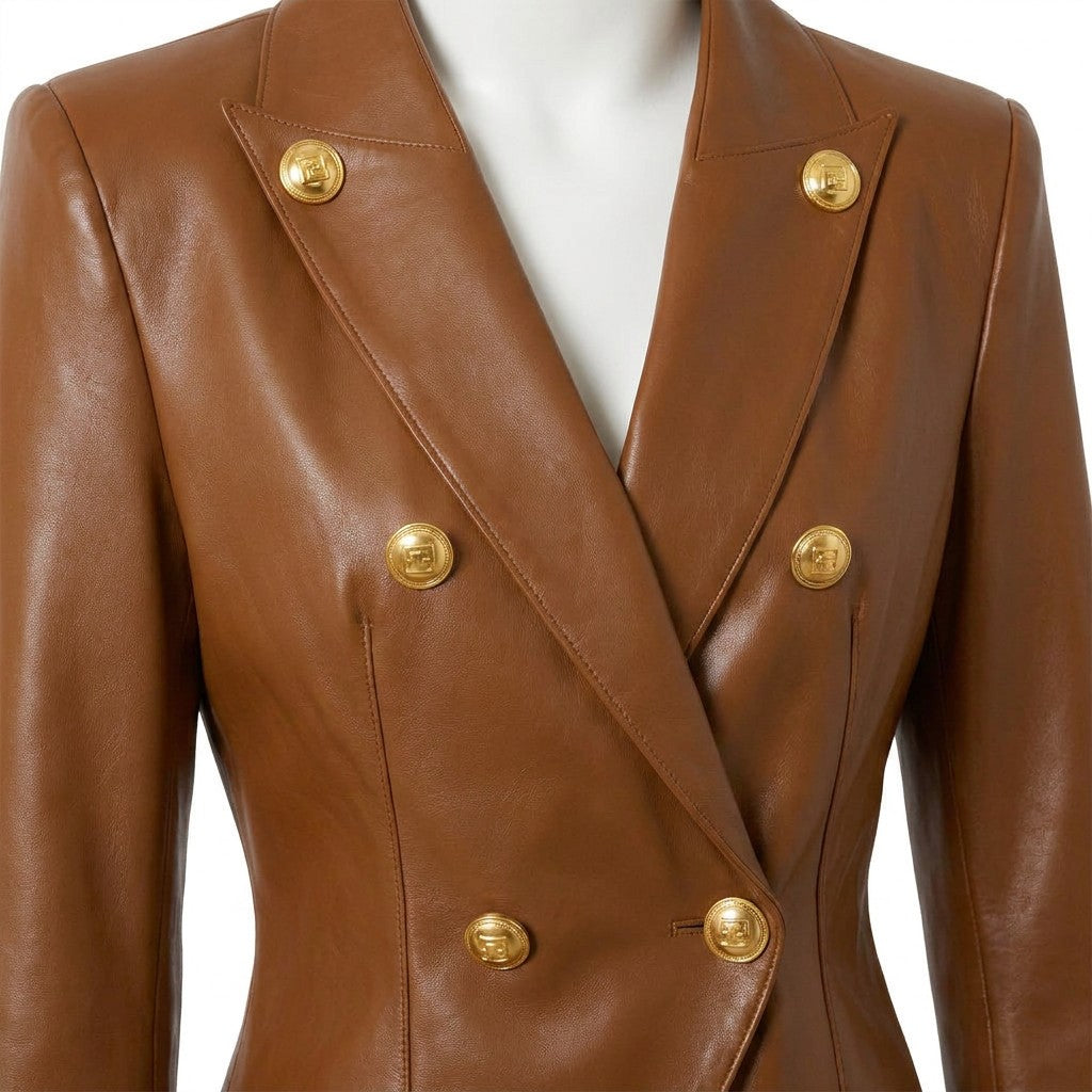Détail des revers pointus et du double boutonnage doré de la veste Bertille cognac